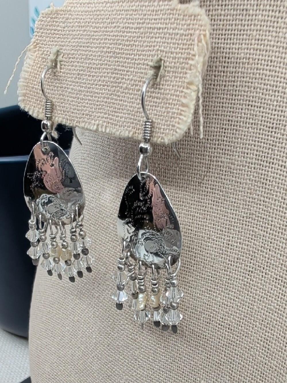 Vintage Artisan Hammered Silver Chandelier Earrings Crystal Bead Fringe 2.5" - Picture 8 of 17